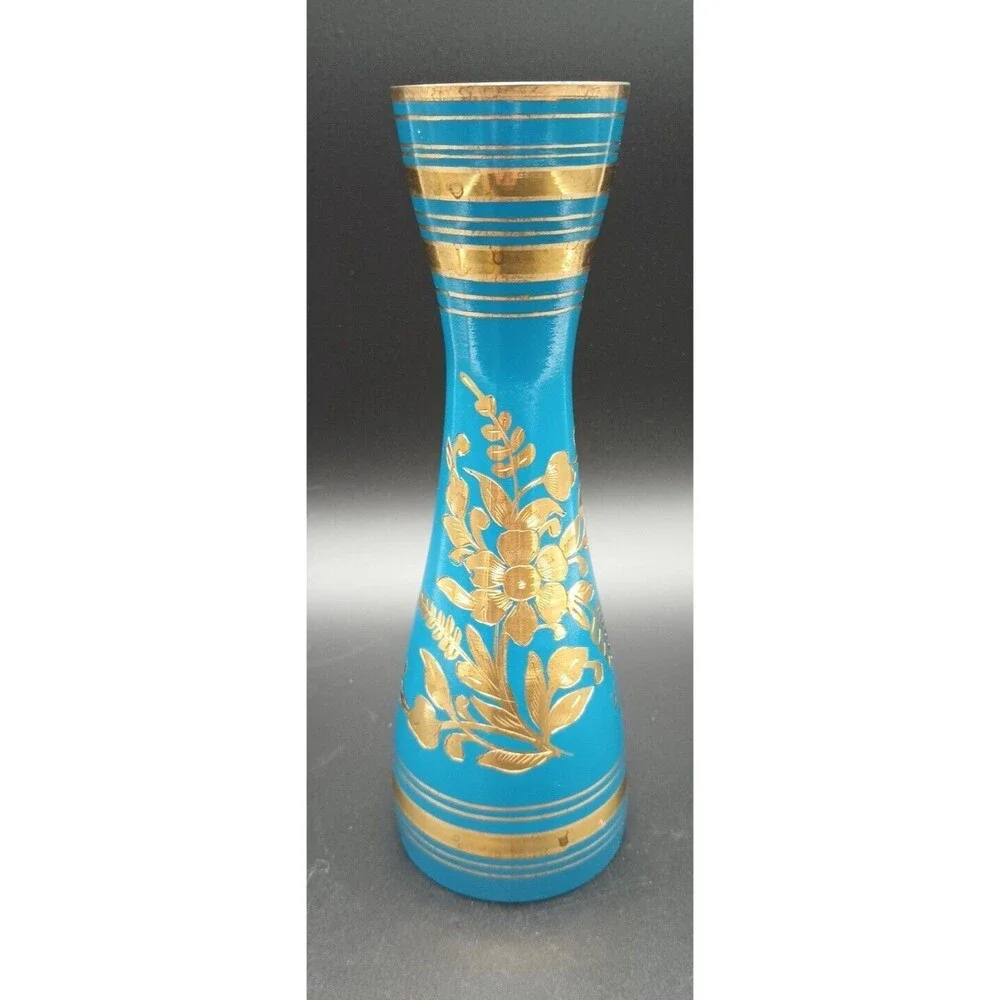 Vintage Blue And Gold Metal Engraved Bud Vase Made In India